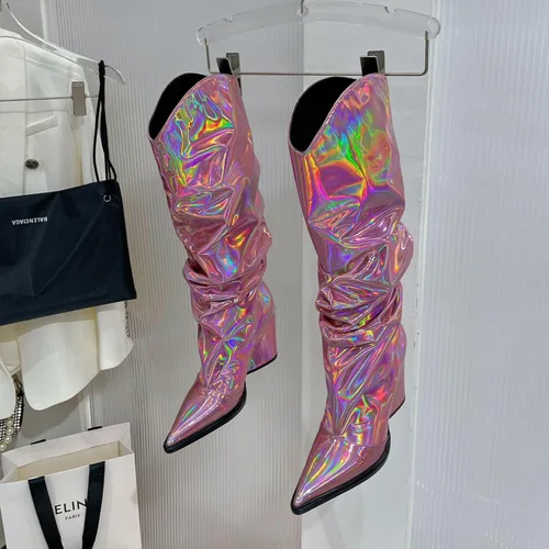 Miniatura 11 de Vertundy Botas altas hasta la rodilla metálicas con punta puntiaguda para mujer, botas altas de tacón alto de charol plisadas, botas largas plisadas