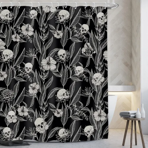 Miniatura 12 de AMBZEK Cortina de ducha con diseño floral de calavera gótica, 60 pulgadas de ancho x 72 pulgadas de largo, para hombre, esqueleto gótico