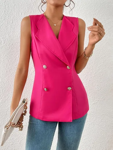 Miniatura 3 de GORGLITTER Chaleco sin mangas para mujer, con cuello de solapa, doble botonadura, casual, ligero