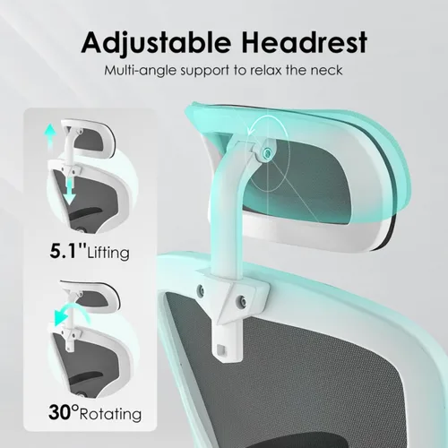 Miniatura 5 de Silla de oficina ergonómica con reposacabezas ajustable y soporte lumbar, silla de escritorio de malla de respaldo alto con reposabrazos abatibles
