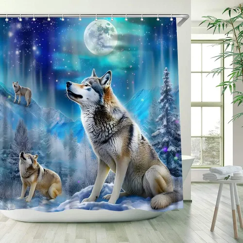 Miniatura 2 de Cortina de ducha con diseño de lobo, nieve, invierno, bosque, montaña, luna llena, vida silvestre, animales, decoración de baño, cortinas de tela