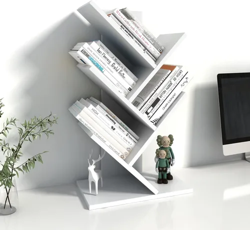 Miniatura 13 de Godferyxin Estantería de árbol, estantería pequeña de madera de 3 niveles y mini estantería para oficina, hogar o escuela, estante de escritorio