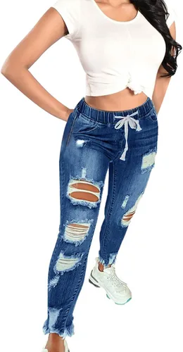 Miniatura 3 de KUNMI Pantalones vaqueros rasgados elásticos de cintura alta para mujer, pantalones de mezclilla destruidos en tallas grandes