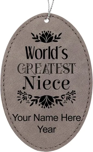 LaserGram Personalized Christmas Ornament, World's Greatest Niece, Faux Leather, Custom Laser Engraved Gift Idea (Oval Shape, Gray)