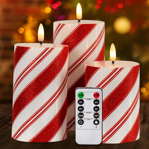 Velas sin llama LED con rayas de brillo rojo, juego de 3, velas de cera real con pilas y temporizador, velas parpadeantes para Navidad y decoración