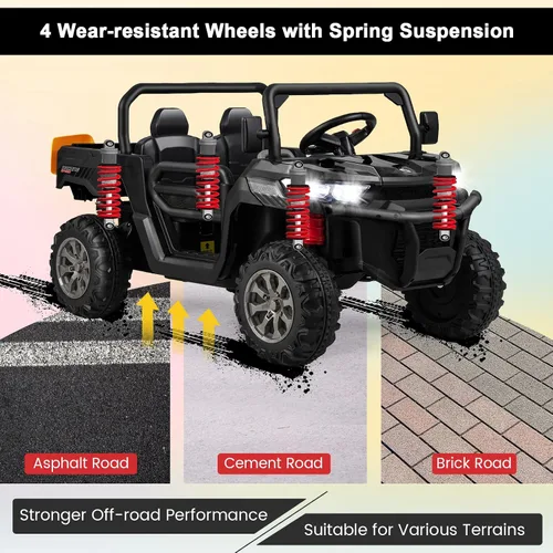 Miniatura 3 de Costzon Camión volquete con control remoto, UTV eléctrico de 12 V para niños con cama volquete eléctrica, función de balanceo, pala, 4 suspensiones