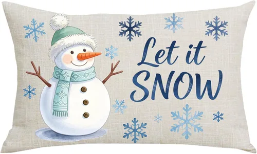 Funda de almohada decorativa de lino y algodón, diseño de copos de nieve con frase azul, diseño de muñeco de nieve blanco, funda rectangular de 12 x