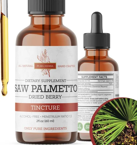 Pura Herba Saw Palmetto Tintura | Extracto de hierbas premium sin alcohol de bayas de palma enana americana | Suplemento botánico líquido | Fórmula