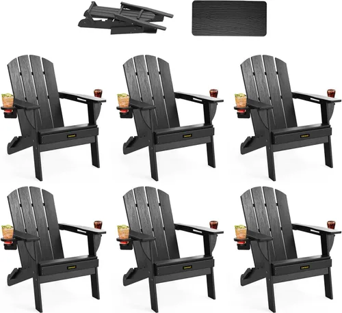 Miniatura 28 de Silla Adirondack Plegable, Sillas Adirondack de Plástico con Textura de Madera con 2 Portavasos, Silla para Hoguera de HDPE Resistente a