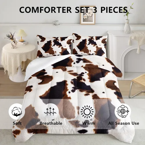 Miniatura 3 de Axolotl Juego de ropa de cama de cuero de vaca occidental, juego de edredón con estampado de vaca marrón y blanco para niños, niñas, adolescentes