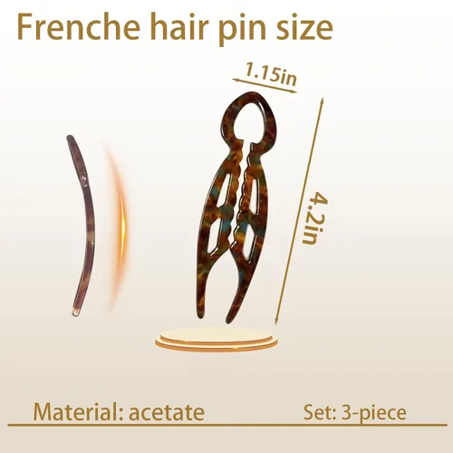Miniatura 4 de 3 horquillas de pelo francesas de prestigio para mujeres, horquillas de pelo de prestigio para Updos Chignons & Buns Acetato French Twist Pin