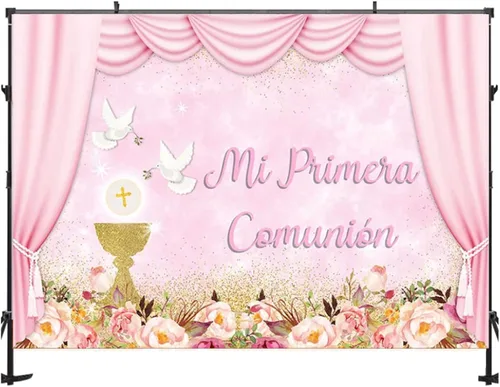 Miniatura 2 de Fondos de fotografía de niña bautizo Mi Primera Comunión Bautismo brillante Cáliz Cortinas de fondo decorativas de vinilo para estudio de fotografía