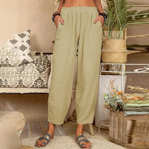 Miniatura 2 de Fashion Women Solid Colour Loose Cotton and Linen Casual Pants Home Harem Pants