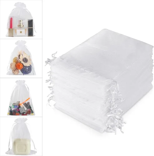 Miniatura 2 de WenTao 100 bolsas de organza blancas transparentes de 4 x 6 (3.9 x 5.9 in) para recuerdos de boda con cordón, bolsas de joyería de primera calidad