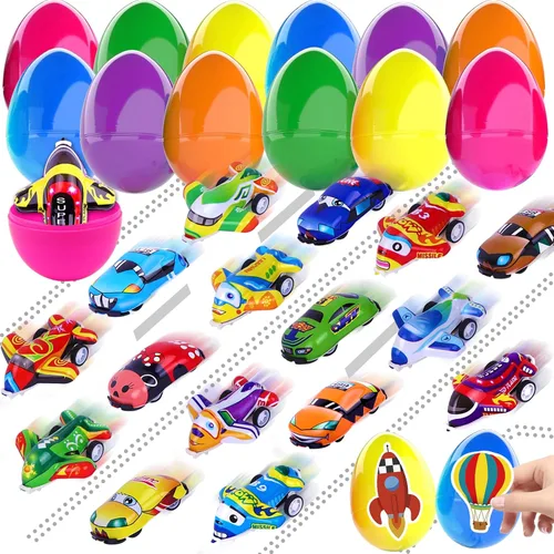 JOICEE Huevos de Pascua prerellenos con aviones Ca0rs retrocedentes, huevos de Pascua de plástico con 24 piezas de autos y aviones juguetes y