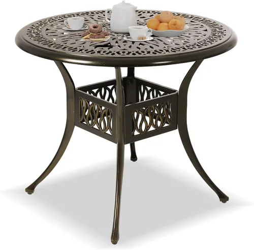 Mesa de comedor para patio, mesa de patio de aluminio fundido con agujero para paraguas, mesa de bistró al aire libre para patio trasero, jardín,