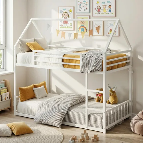 Miniatura 8 de LIKIMIO - Litera de tamaño individual sobre individual, estructura de cama litera con escalera y barandilla, en forma de casa con listones de metal