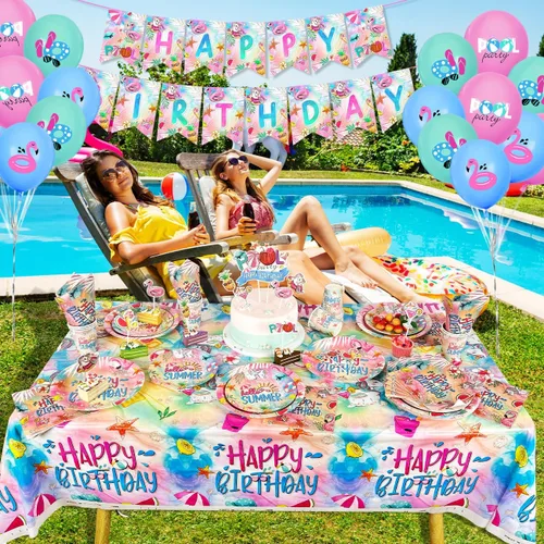 Miniatura 6 de Decoraciones de fiesta de cumpleaños de piscina de verano, platos de cumpleaños temáticos de verano, servilleta, pancarta, tazas, globos