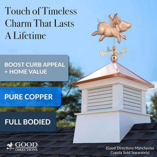 Miniatura 4 de Good Directions Veleta de cerdo volador de cobre pulido, acento decorativo en la azotea para graneros, hogares, cobertizos y cúpulas, duradero