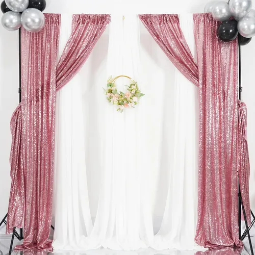 Miniatura 6 de Poise3EHome - Cortinas de lentejuelas fucsia rosa, 2 paneles de 2 pies x 8 pies, fondo de purpurina para fiesta, cumpleaños, baby shower, boda, Rosa