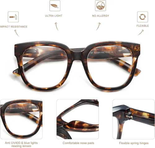 Miniatura 5 de AMOMOMA Paquete de 3 lentes de lectura cuadrados de gran tamaño para mujer, elegante, retro, bonita, para computadora con luz azul, para mujeres