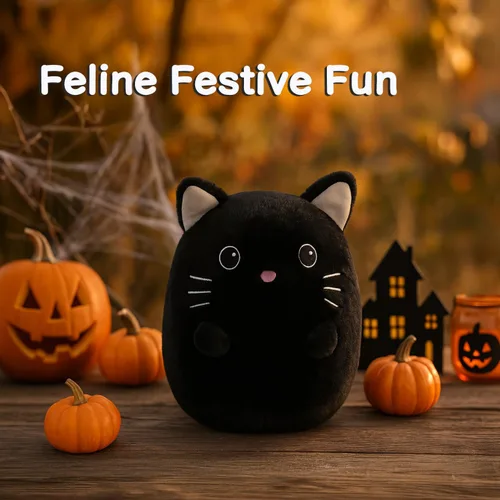Miniatura 7 de WEIGEDU Gatito negro de peluche con ojos bordados para niño y niña, decoración de Halloween, cojín de almohada, sofá, regalos de inauguración