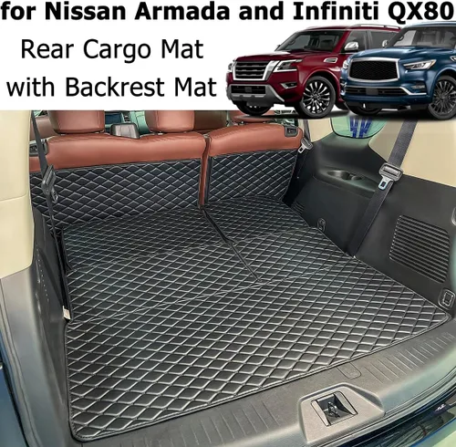 Miniatura 3 de para 2017-2024 Nissan Armada / 11-13 Infiniti QX56 / 2014-2024 QX80 Alfombra de maletero y fundas de respaldo trasero para 2ª+3ª fila (5 piezas)