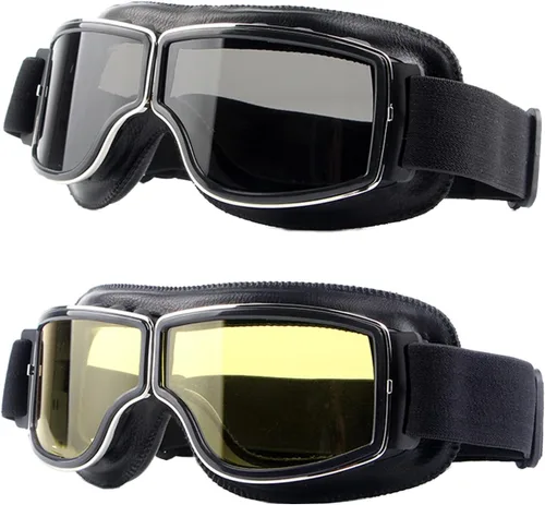 LJDJ - Gafas de moto, 2 paquetes, estilo vintage antiempañamiento, piloto, de PU, de cuero, gafas antipolvo, para cuatrimoto, fuera de carretera,