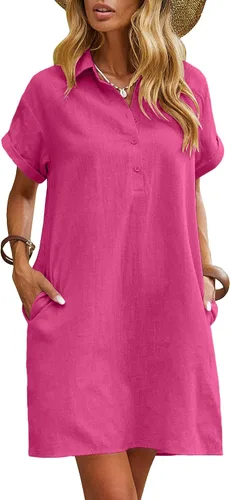 Zeagoo Vestido tipo camisa de algodón para mujer, estilo casual, de manga corta, con botones, para la playa, con bolsillos