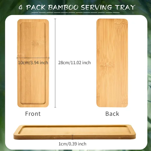 Miniatura 2 de Paquete de 4 bandejas de bambú rectangulares de bambú para servir té, bordes redondeados, bandeja de madera para mostrador de baño, bandeja de bambú