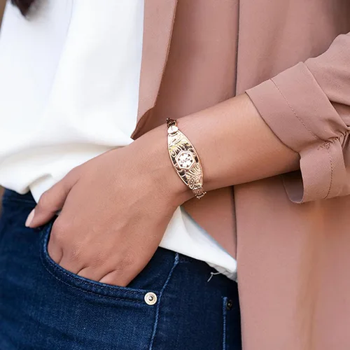 Miniatura 4 de Divoti Pulseras de alerta médica para mujer, pulsera de identificación médica de filigrana de oro rosa PVD grabada personalizada, con malla