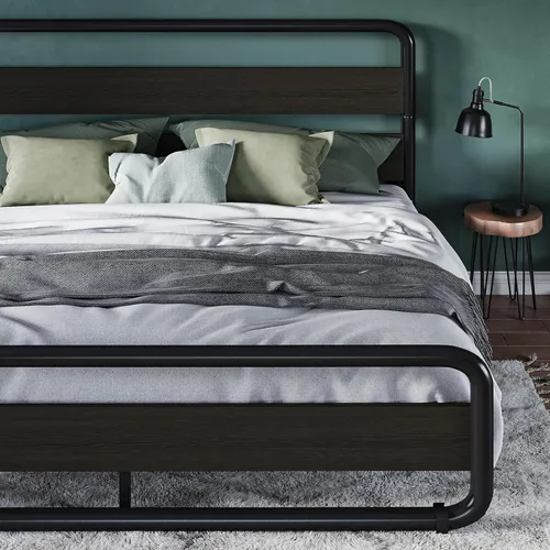 Miniatura 8 de Allewie Base de cama de metal tamaño Queen con cabecero y estribo de madera curvos, plataforma de hierro resistente con almacenamiento debajo