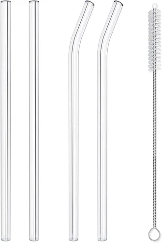 Hiware, juego de pajitas de vidrio reutilizables, 5 unidades con cepillo de limpieza, 25 cm x 10 mm, aptas para lavavajillas