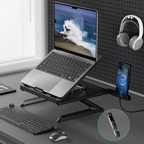 Miniatura 4 de OImaster Soporte ergonómico ajustable y plegable para computadora portátil con ventilación térmica, soporte elevador para laptop compatible