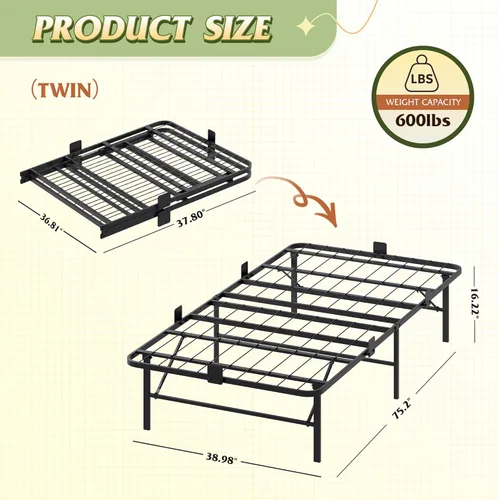 Miniatura 2 de WLIVE Marcos de Cama Plegables Individuales, Marco de Cama de Plataforma de Metal Tamaño Individual con Listones de Acero Resistente, No Necesita