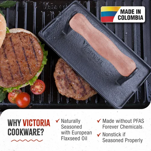 Miniatura 2 de Victoria Prensa Panini de hierro fundido, prensa de hamburguesas, prensa de tocino, prensa para parrilla, condimentada con aceite de linaza 100%