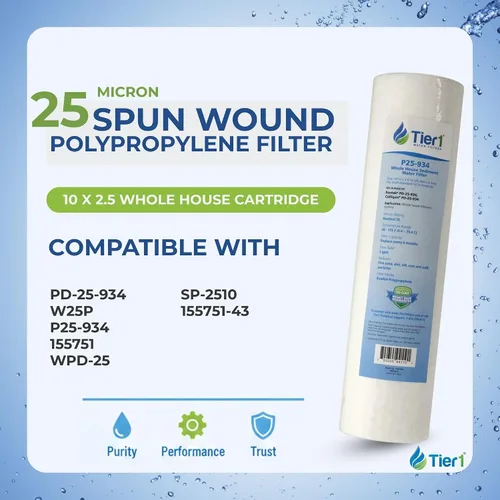 Miniatura 2 de Tier1 Filtro de agua de 25 micras de 10 x 2.5 pulgadas Cartucho de sedimentos de polipropileno hilado para toda la casa Reemplazo para Pentek