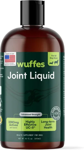Wuffes Líquido avanzado para articulaciones para perros, suplemento de apoyo para cadera y articulaciones con colágeno UC-II®, glucosamina,