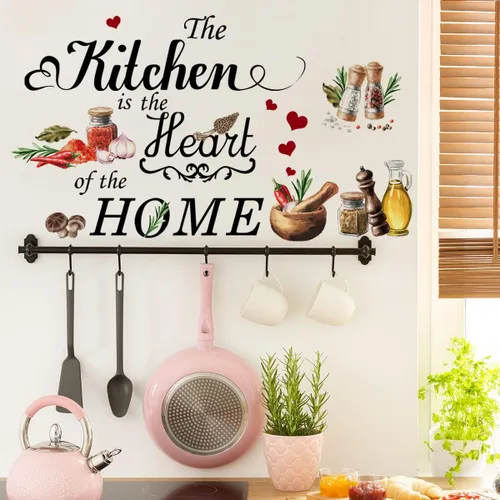 Runtoo Pegatina de Pared de Cocina "La Cocina es el Corazón del Hogar" Letras de Comida Citas Adhesivos Decorativos para Pared de Cocina Comedor