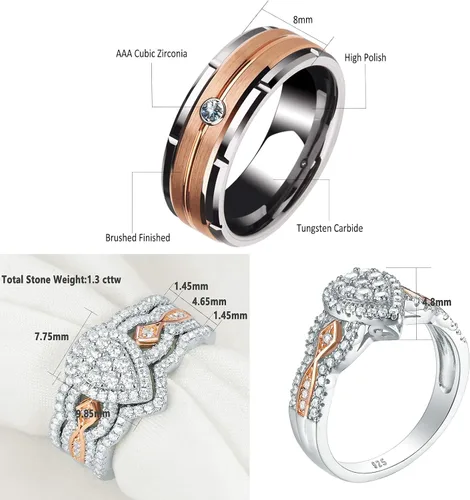 Miniatura 3 de Newshe Jewellery Juego de anillos de boda para él y ella, AAAAA, circonita cúbica, bandas de tungsteno para hombre y mujer, plata de ley 925, oro