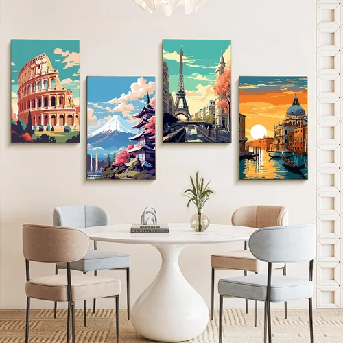 Miniatura 2 de Offito Paquete de 4 pinturas enmarcadas por números para adultos principiantes con caballete de madera, kit de pintura fácil de paisaje por números