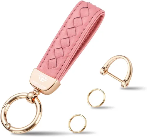 Miniatura 13 de Hamdecro Llavero de cuero genuino para automóvil, llaves de oveja tejidas a mano para mujeres, soporte universal para llavero con rotación de 360