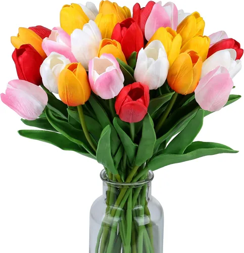 Miniatura 30 de SITUMEIZI 15 piezas de flores blancas artificiales, tulipanes artificiales de poliuretano de 14 pulgadas a granel para el hogar, cocina, Pascua