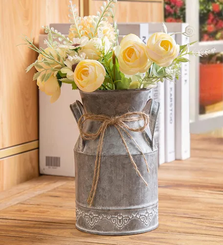 TIMRIS Lata de Leche Galvanizada Vintage, Jarrón Pitcher Decorativo de Granja para Flores, Jarra de Metal Rústica de Estilo Francés Campestre para