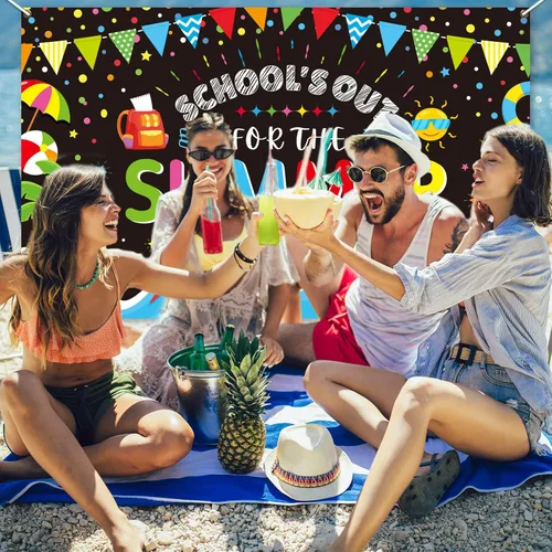 Miniatura 5 de Telón de fondo temático de fin de año escolar para clase de verano, fin de año escolar, pancarta temática para playa tropical, piscina, fiesta