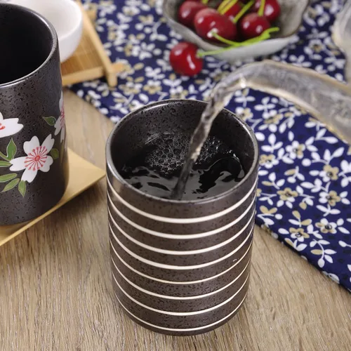 Miniatura 3 de WHJY Juego de 2 tazas de té de cerámica sin asa estilo chino/japonés transicional de 10 oz, patrón de flor de cereza y línea Flower & Line