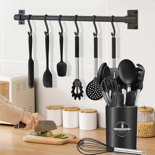 Miniatura 5 de KSENDALO Juego de 26 utensilios de cocina de silicona negra no tóxicos con cucharas, pinzas resistentes al calor, batidor y soporte, aptos