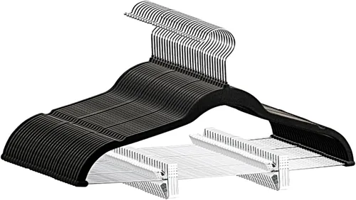 Miniatura 17 de Perchas de plástico, paquete de 20, perchas duraderas que ahorran espacio para uso diario y artículos esenciales para el dormitorio, color negro