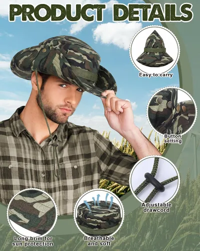 Miniatura 3 de Coume 6 sombreros de safari Boonie a granel de ala ancha para hombres y mujeres, gorra de camuflaje Boonie para safari militar senderismo