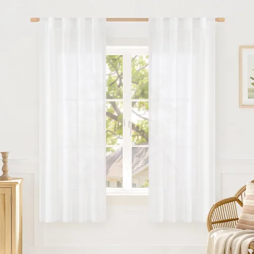 Miniatura 56 de LAMIT Cortinas de lino beige de 30 pulgadas de largo para ventanas pequeñas, cortinas semitransparentes filtrantes de luz, pestaña trasera